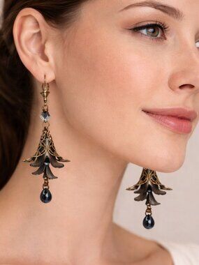 Gunmetal Gray Hand Painted Lucite Flower Earrings, Crystal, Filigree Bronze Cap